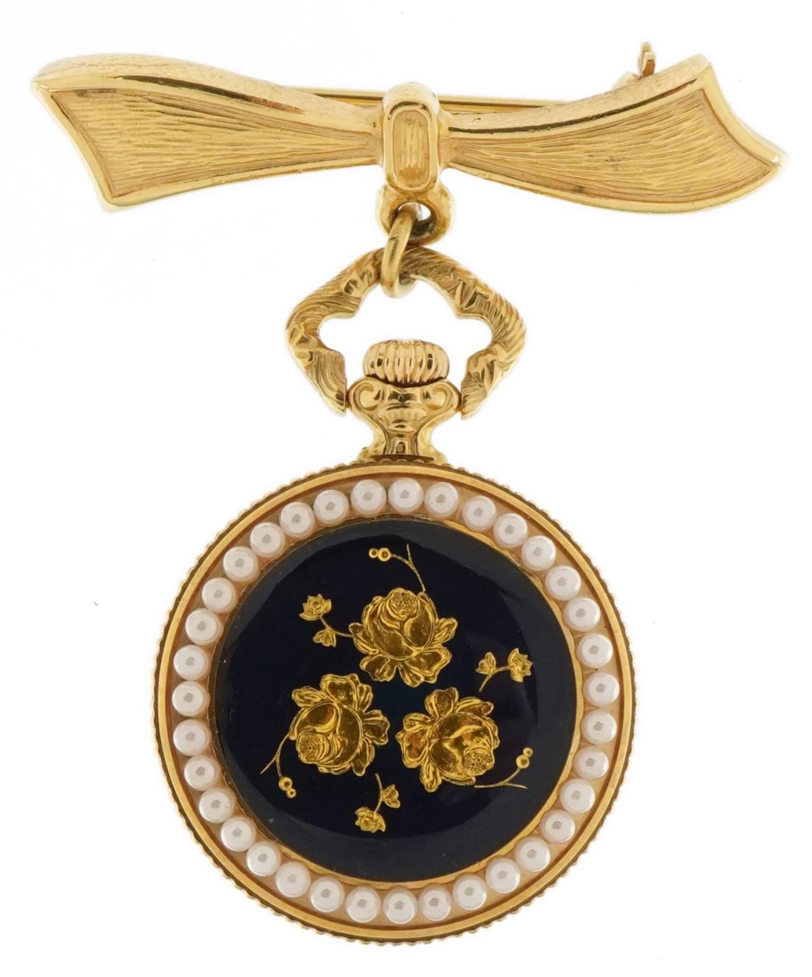 Bucherer, ladies simulated pearl and enamel fob watch with bow brooch clasp with box and Bucherer - Bild 2 aus 3