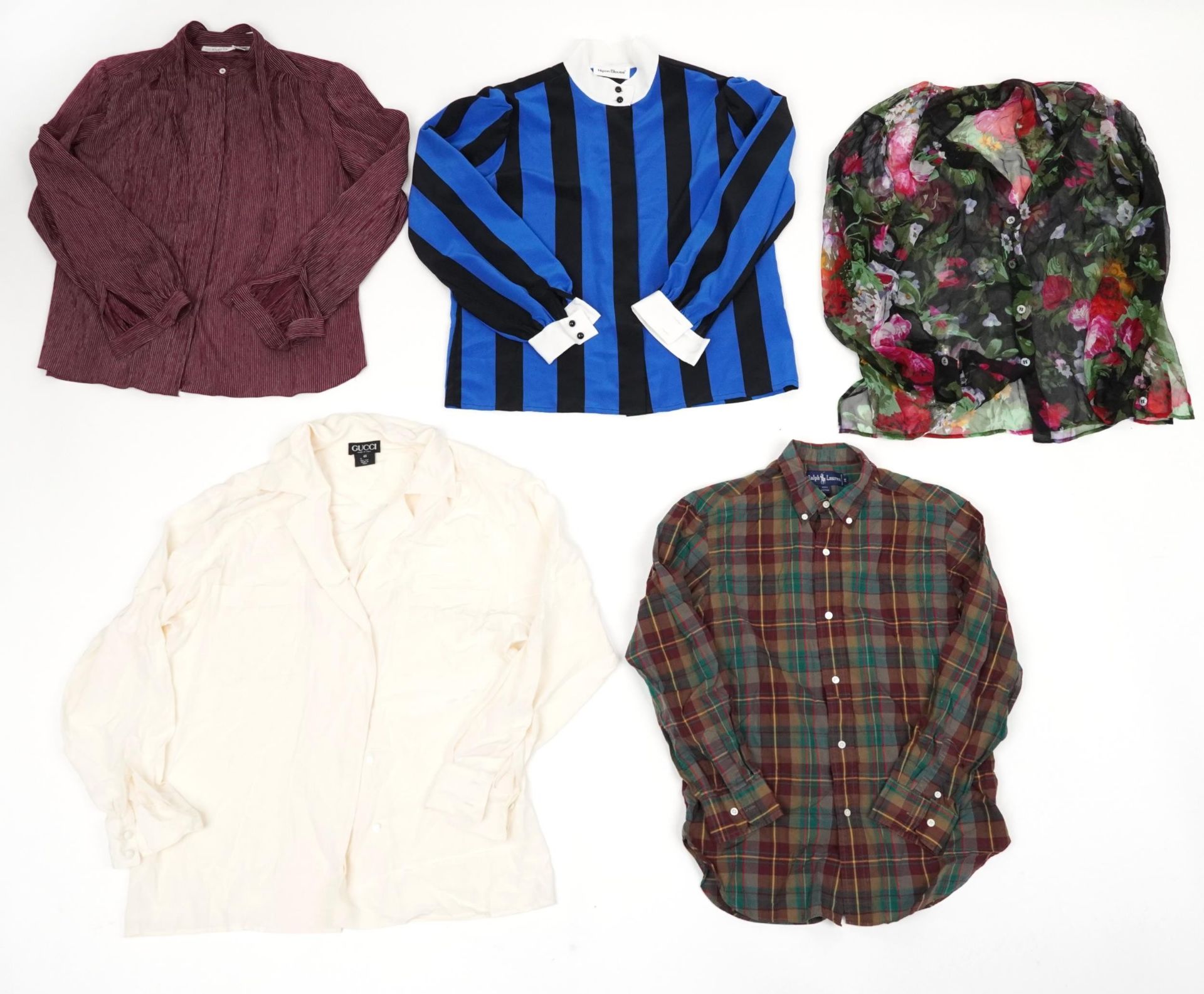 Five designer ladies blouses including Gucci and Ralph Lauren, size 14 : For further information