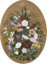 E C Oberton 1874 - Still life flowers, 19th century oval heightened watercolour, framed and