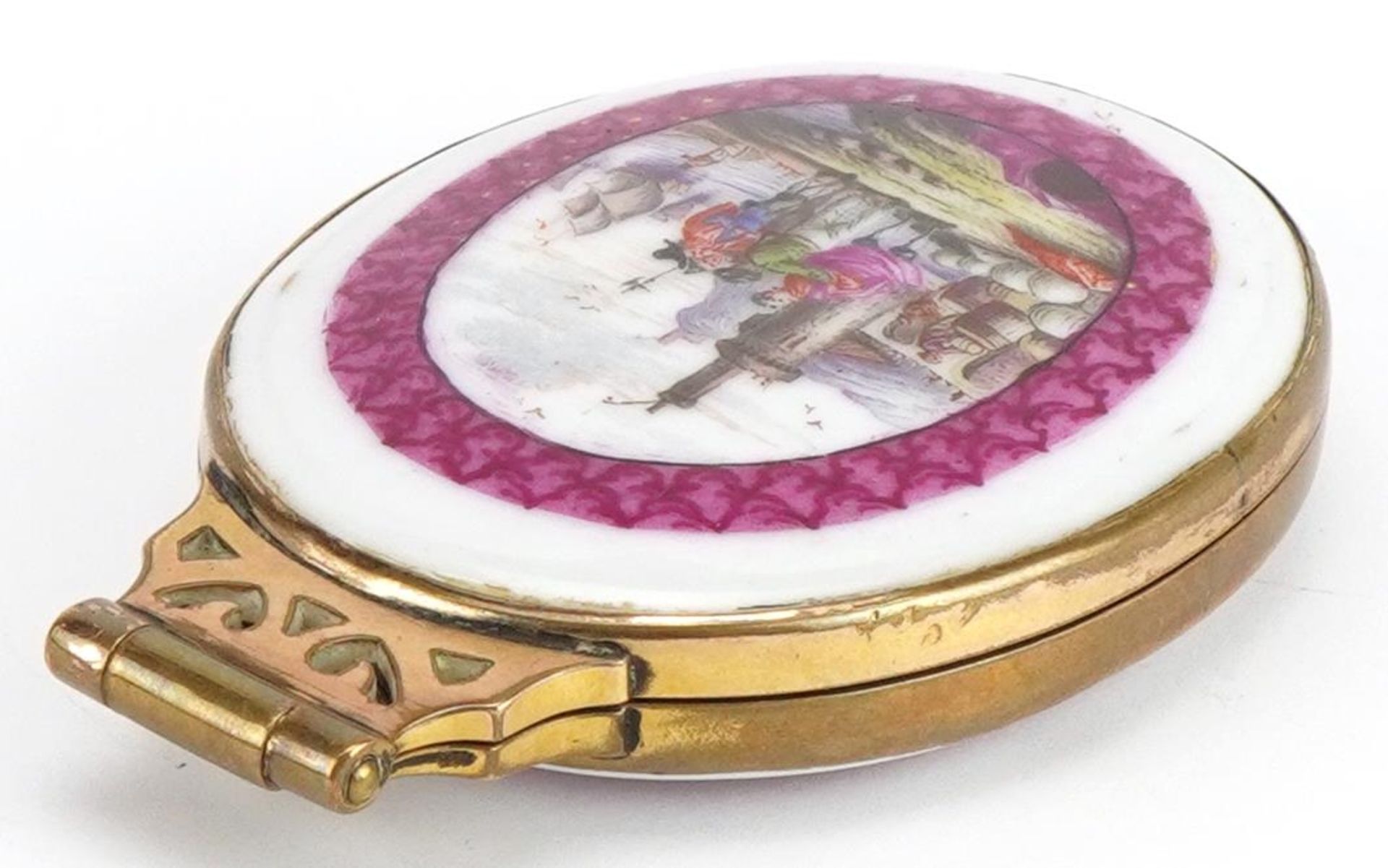 19th century Continental brass locket with two porcelain panels hand painted with 18th century - Image 5 of 6