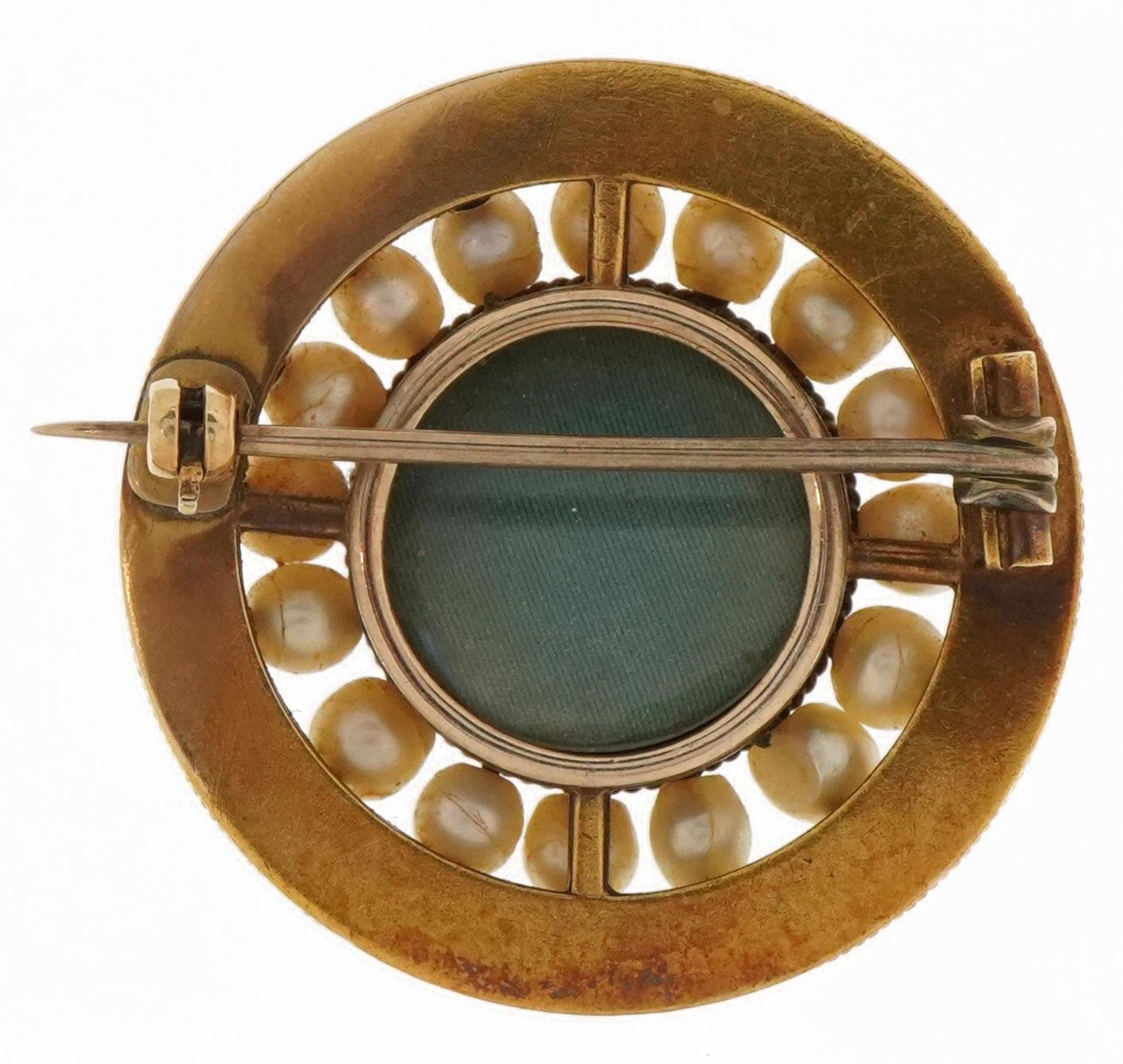 Victorian unmarked gold cultured pearl mourning brooch, tests as 15ct gold, 3.5cm in diameter, 14.0g - Image 2 of 2