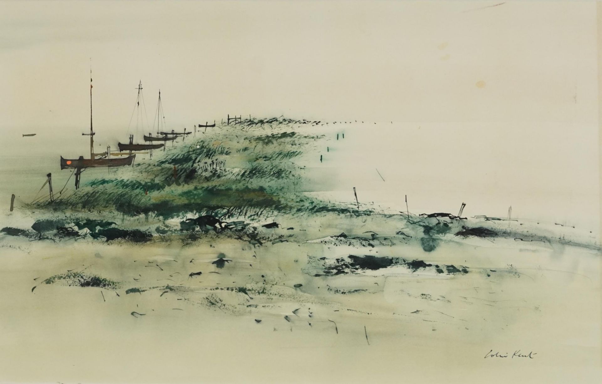 Colin Kent - Moored fishing boats, ink and watercolour, mounted and framed, 68cm x 43.5cm