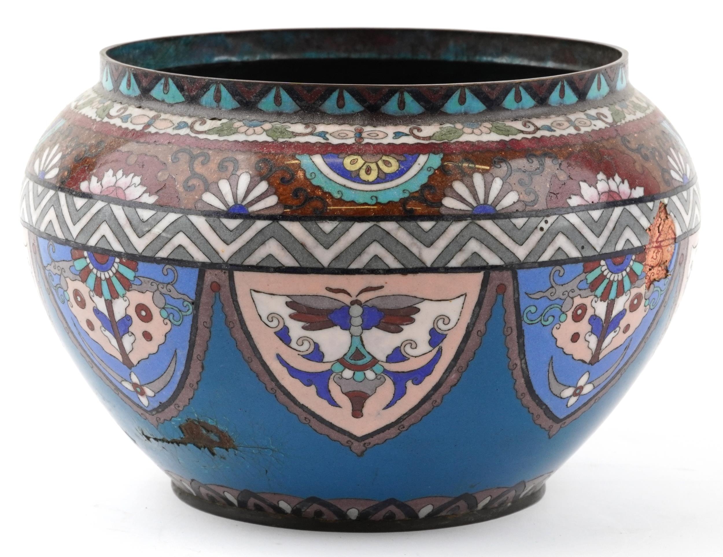 Japanese cloisonne jardiniere hand painted with panels of stylised butterflies and flowers, 29cm - Image 2 of 6