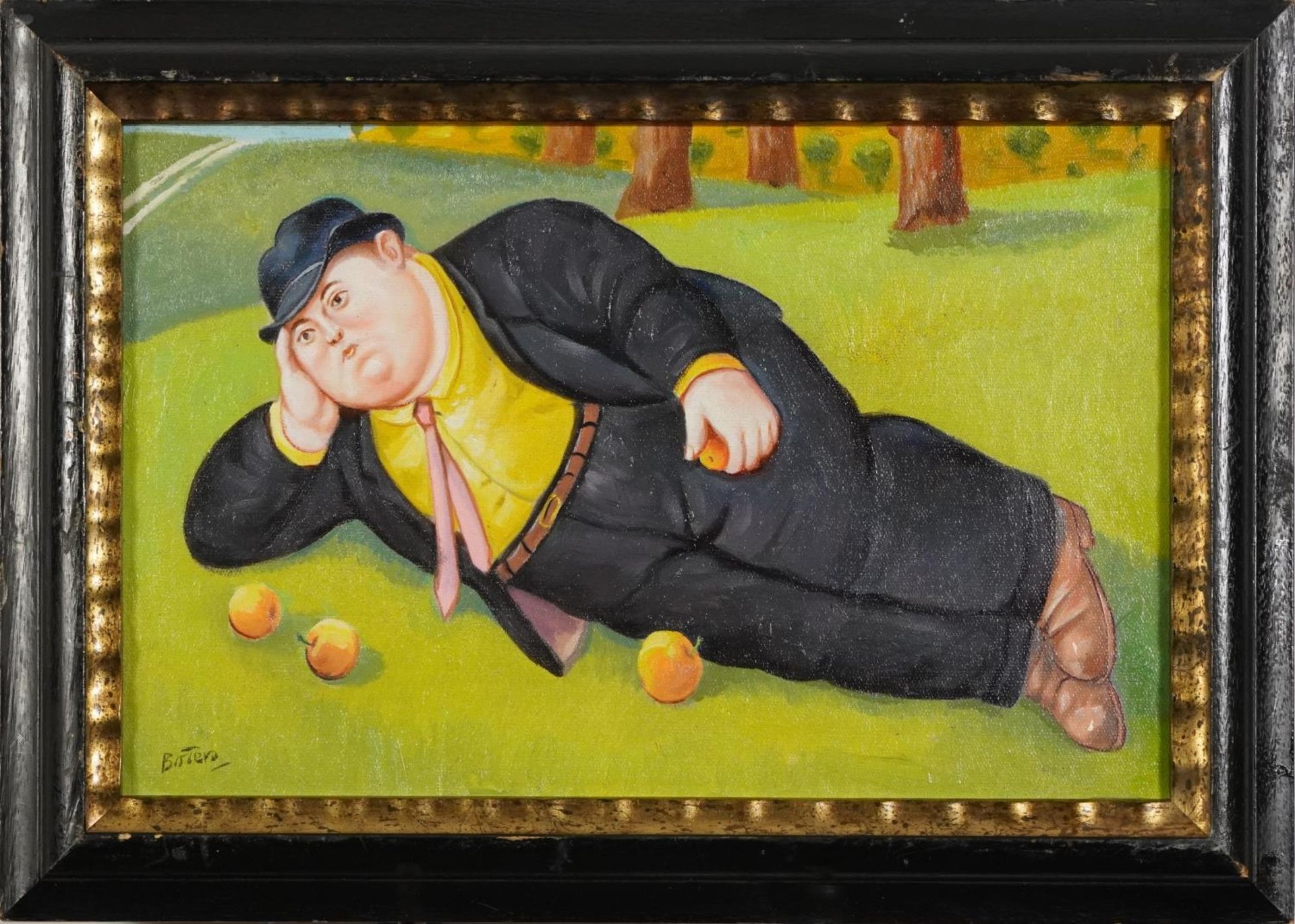 Manner of Fernando Botero - Man in a field with four oranges, Italian Impressionist oil on board, - Image 2 of 5