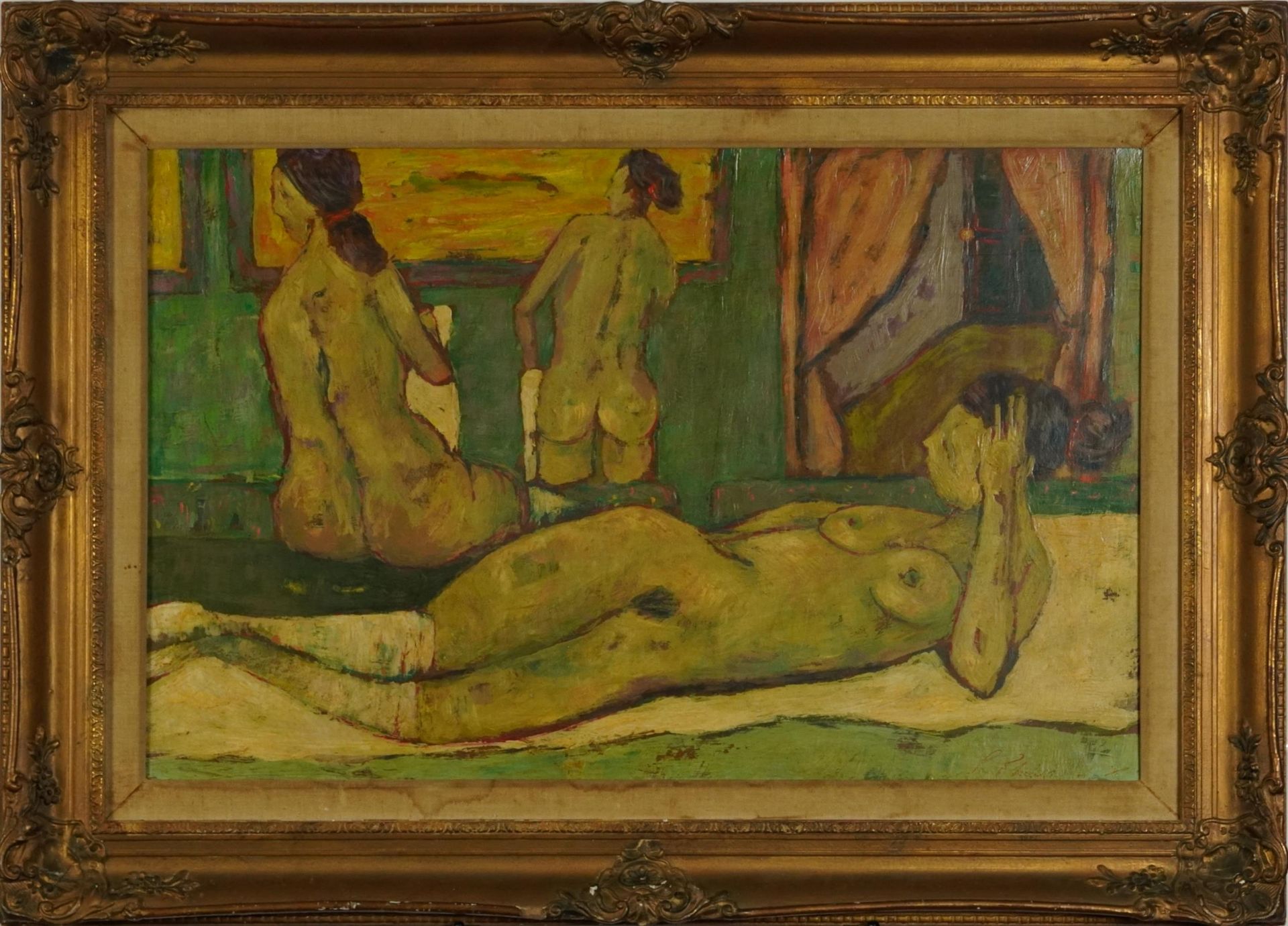Boudoir interior with nude females dressing, Impressionist oil on board, mounted and framed, 69. - Bild 2 aus 4