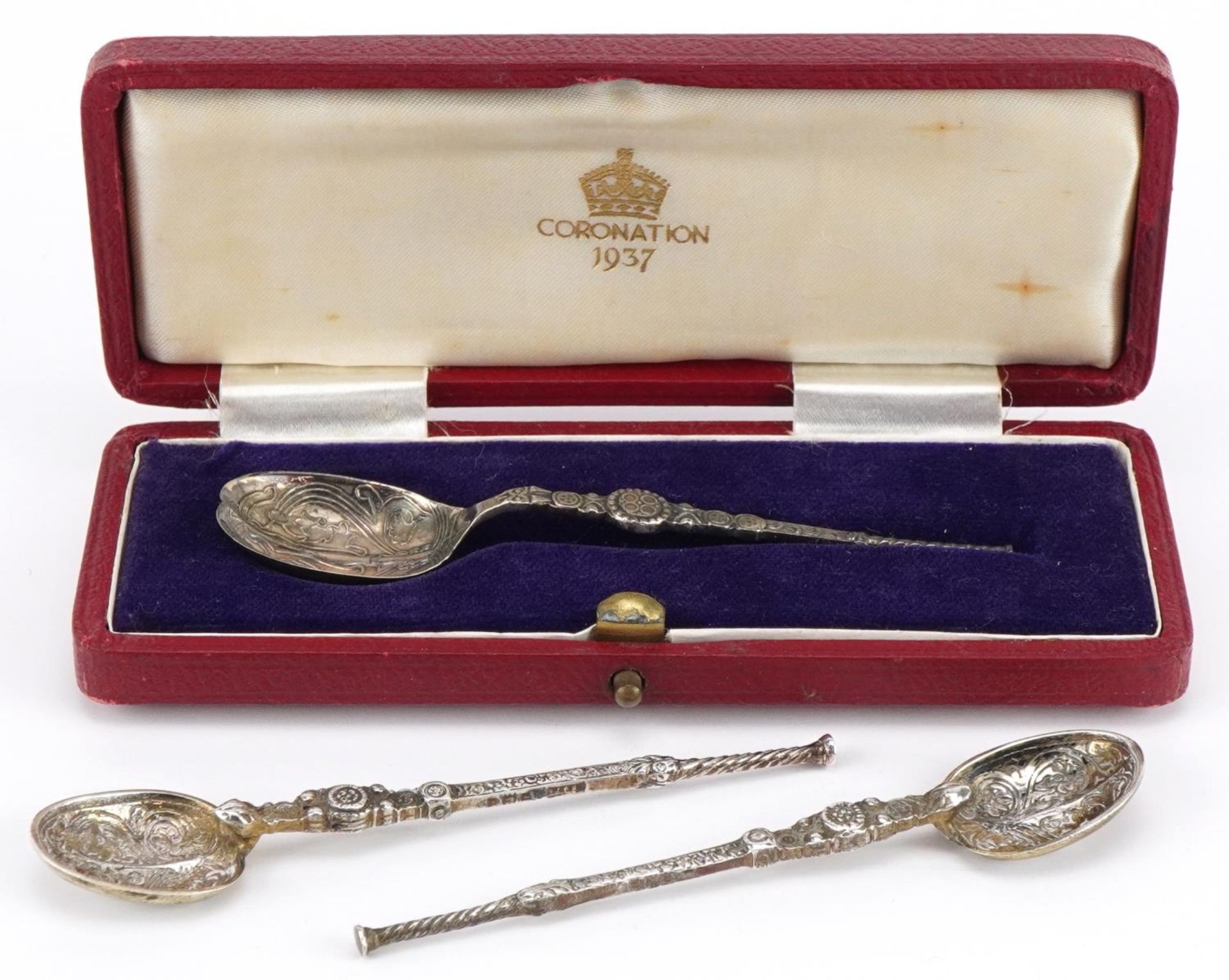 Three Edwardian and later silver anointing spoons including Coronation 1937 example with fitted