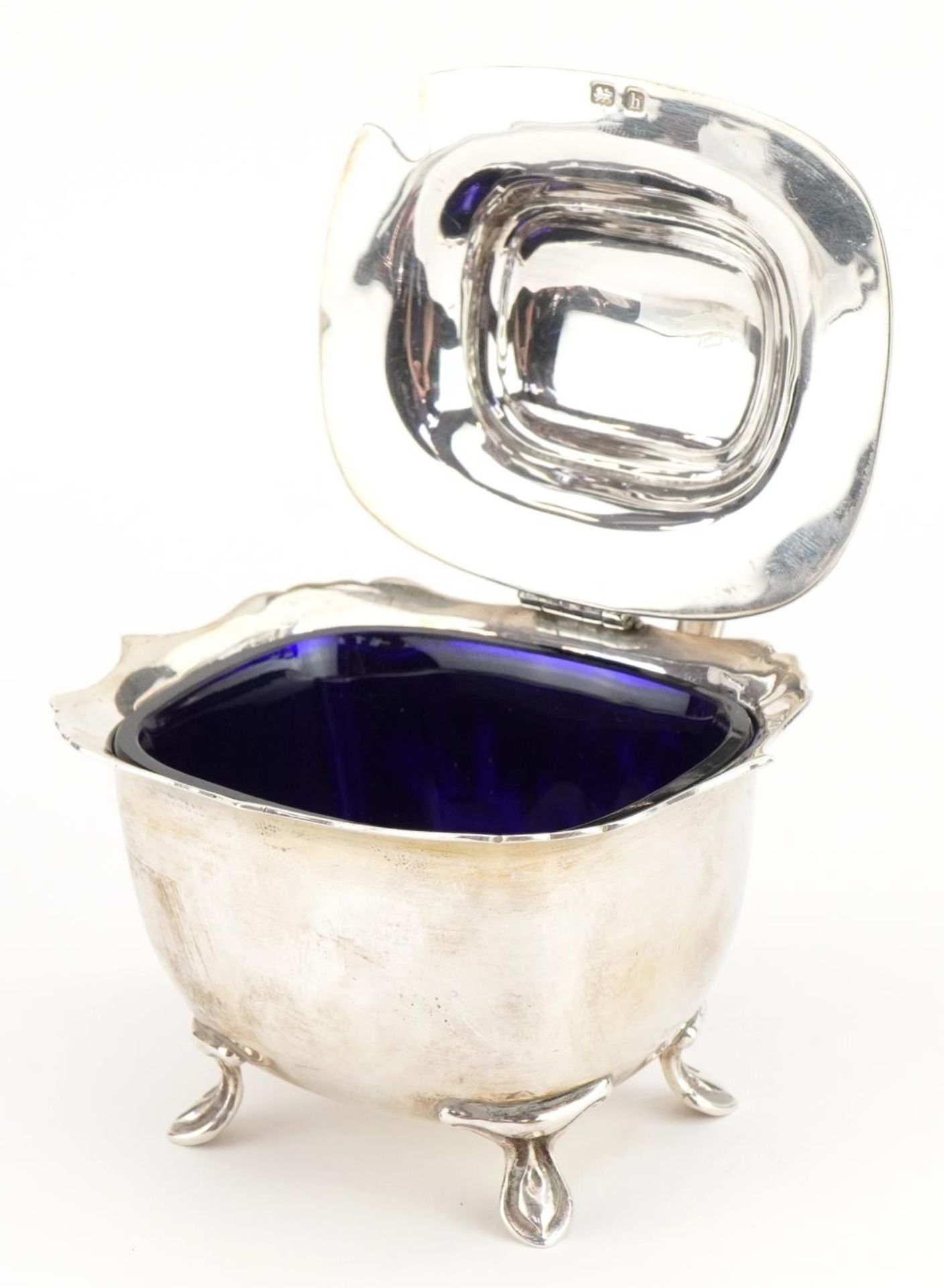 Edwardian silver four footed mustard with blue glass liner, indistinct maker's mark Birmingham 1909, - Image 2 of 6