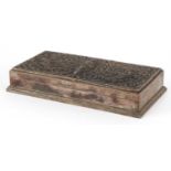 Thai Siam sterling silver cigar box having hinged lid profusely embossed with deities, 3.5cm H x