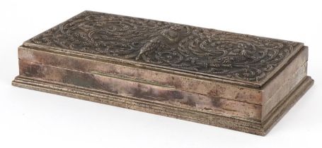 Thai Siam sterling silver cigar box having hinged lid profusely embossed with deities, 3.5cm H x