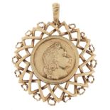 Antique gold coin, possibly a drachma in a 9ct gold pendant mount, the coin 6.2g, total weight 13.8g