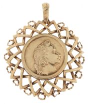 Antique gold coin, possibly a drachma in a 9ct gold pendant mount, the coin 6.2g, total weight 13.8g