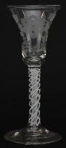 18th century Jacobite wine glass with multiple opaque twist stem and floral engraved bowl, 18cm high