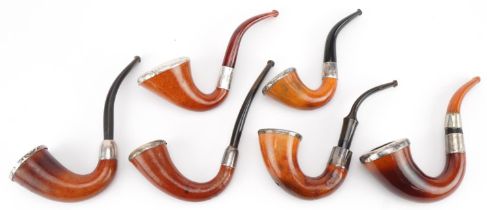 Six vintage silver mounted Meerschaum Calabash tobacco smoking pipes, the largest 17.5cm high :