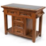 Free standing hardwood kitchen island with granite top, fitted with an arrangement of ten drawers,