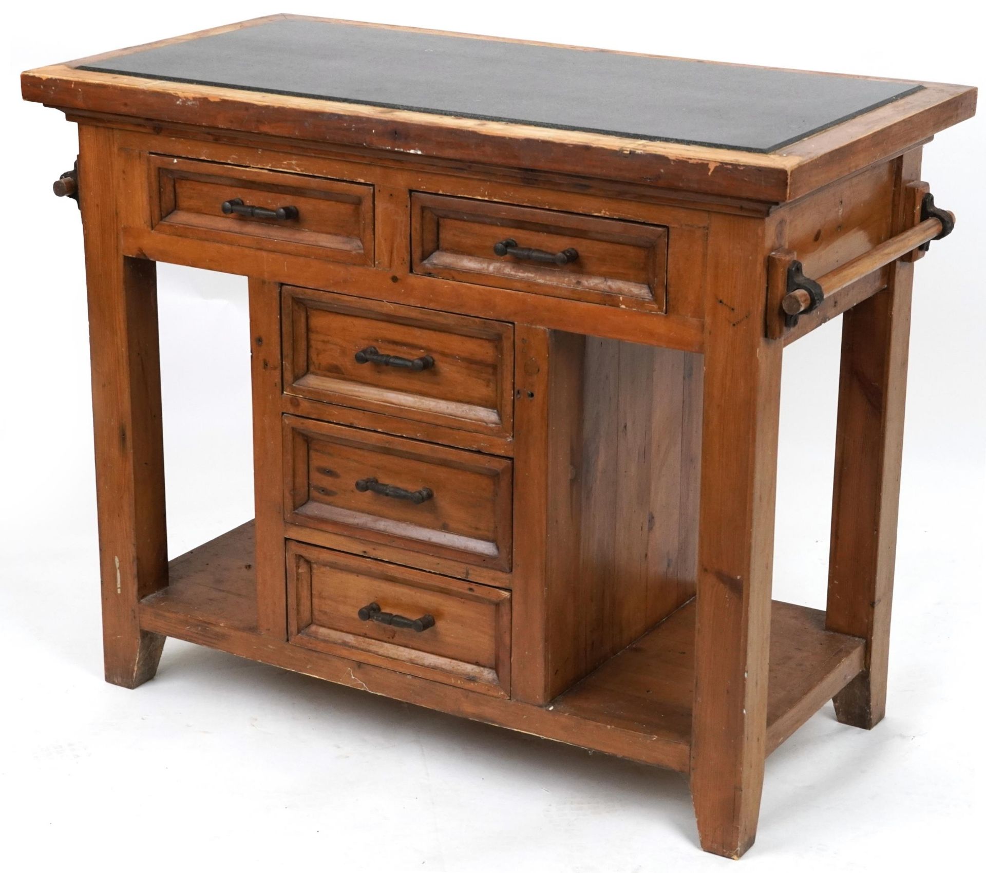 Free standing hardwood kitchen island with granite top, fitted with an arrangement of ten drawers,