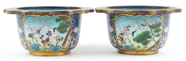 Good pair of Chinese cloisonne planters enamelled with panels of cranes within a border of