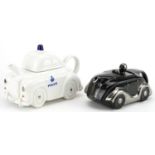 Two novelty porcelain teapots including one in the form of a racing teapot inscribed J Samuel