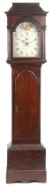 19th century oak cased grandfather clock with painted dial having Roman and Arabic numerals,