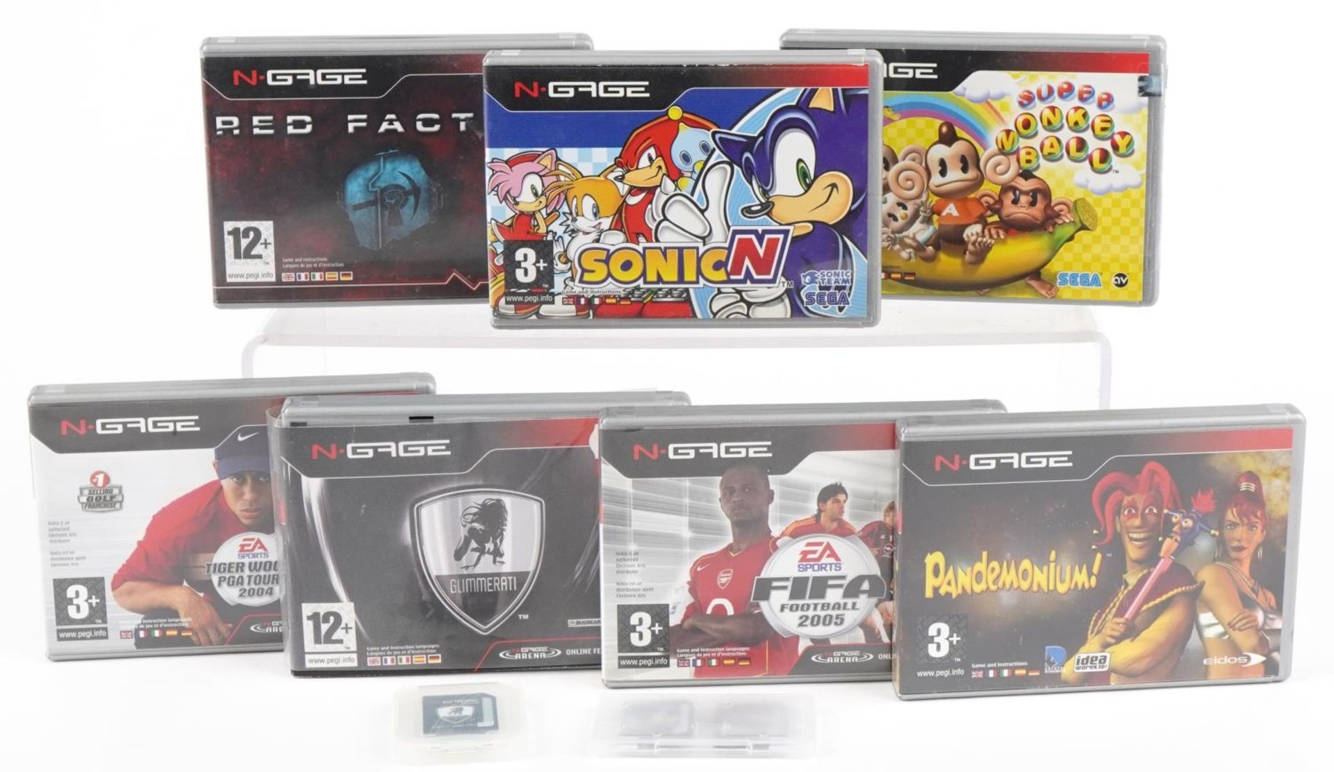 Vintage Nokia N-Gage games, predominantly with cases, including Glimmerati, Pandemonium, Super