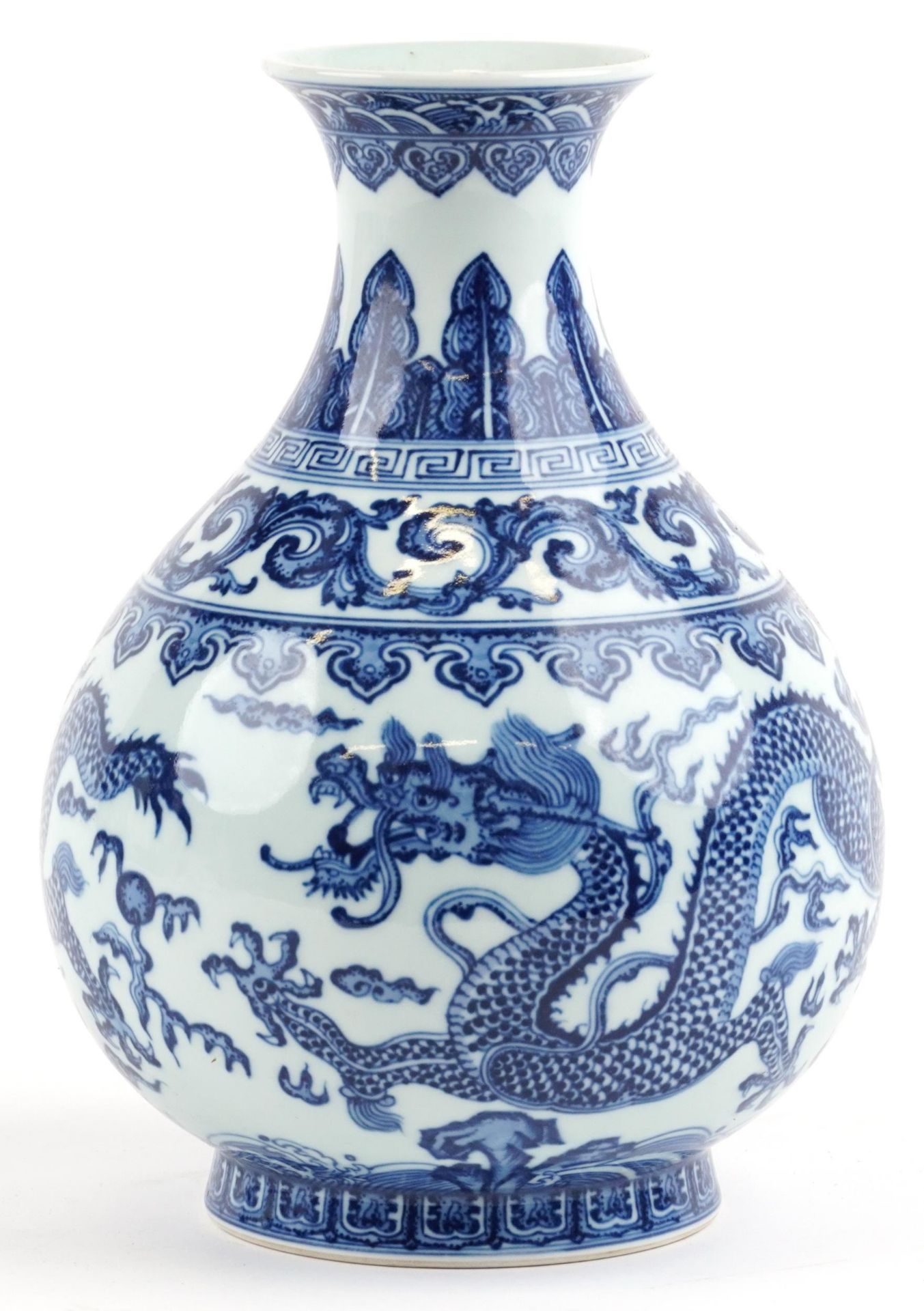 Chinese blue and white porcelain vase hand painted with dragons chasing the flaming pearl amongst