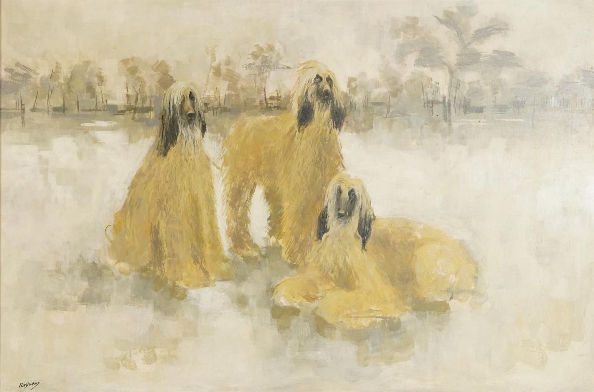 Eastwood - Three Afghan hounds, Impressionist oil on board, mounted and framed, 90cm x 60cm