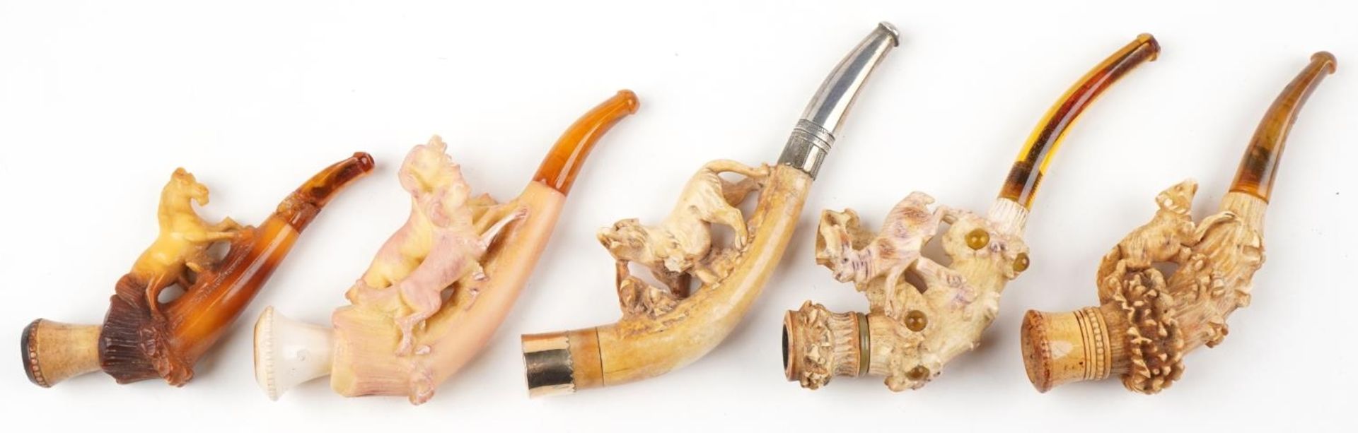 Five antique Meerschaum smoking pipes housed in fitted cases, each carved with animals, four with - Image 6 of 9