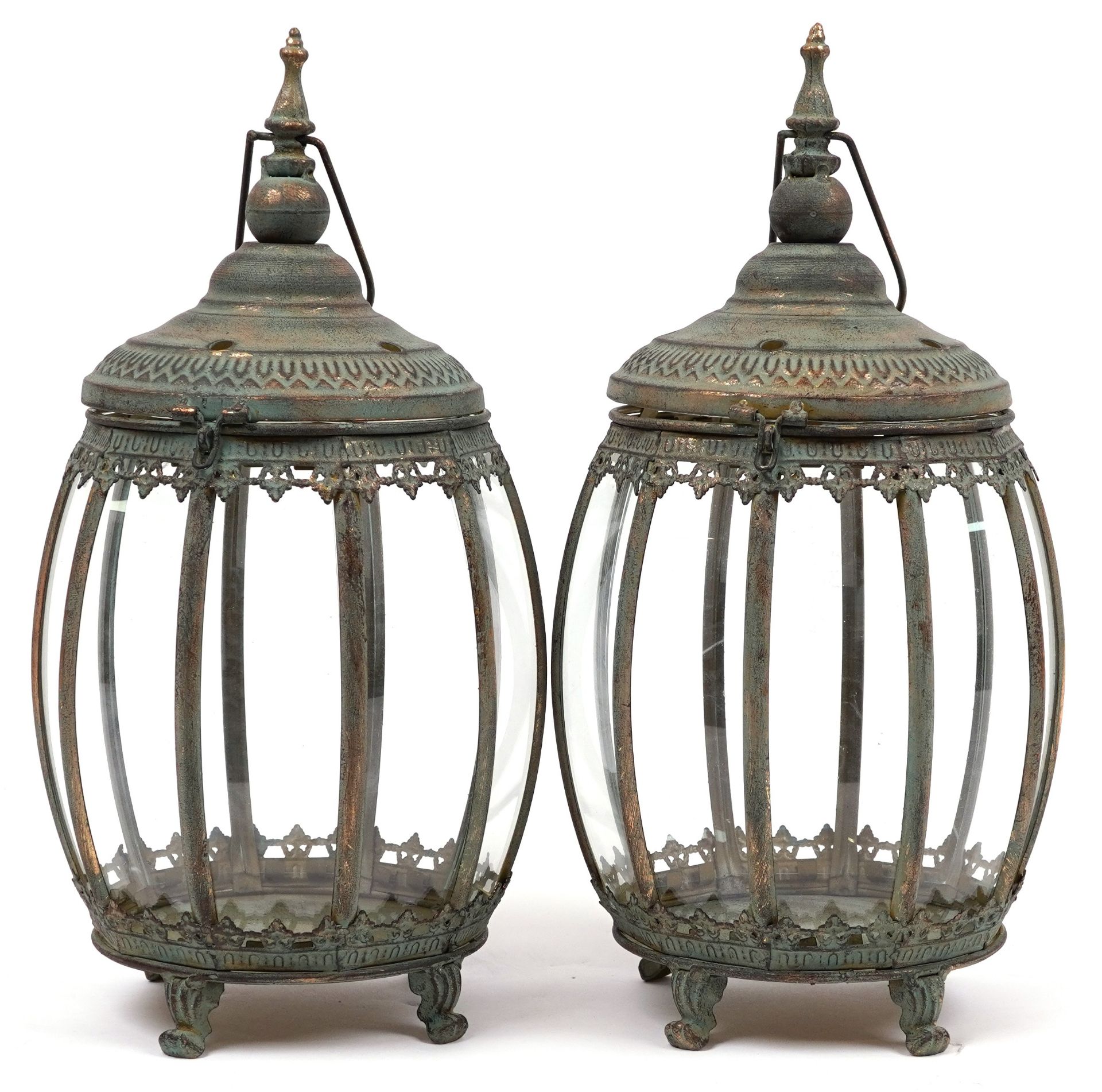 Pair of bronzed hanging lanterns with glass panels on paw feet, each 48.5cm high : For further