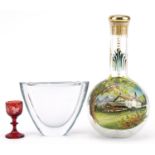 Antique and later glassware including a decanter hand painted with a continental building,
