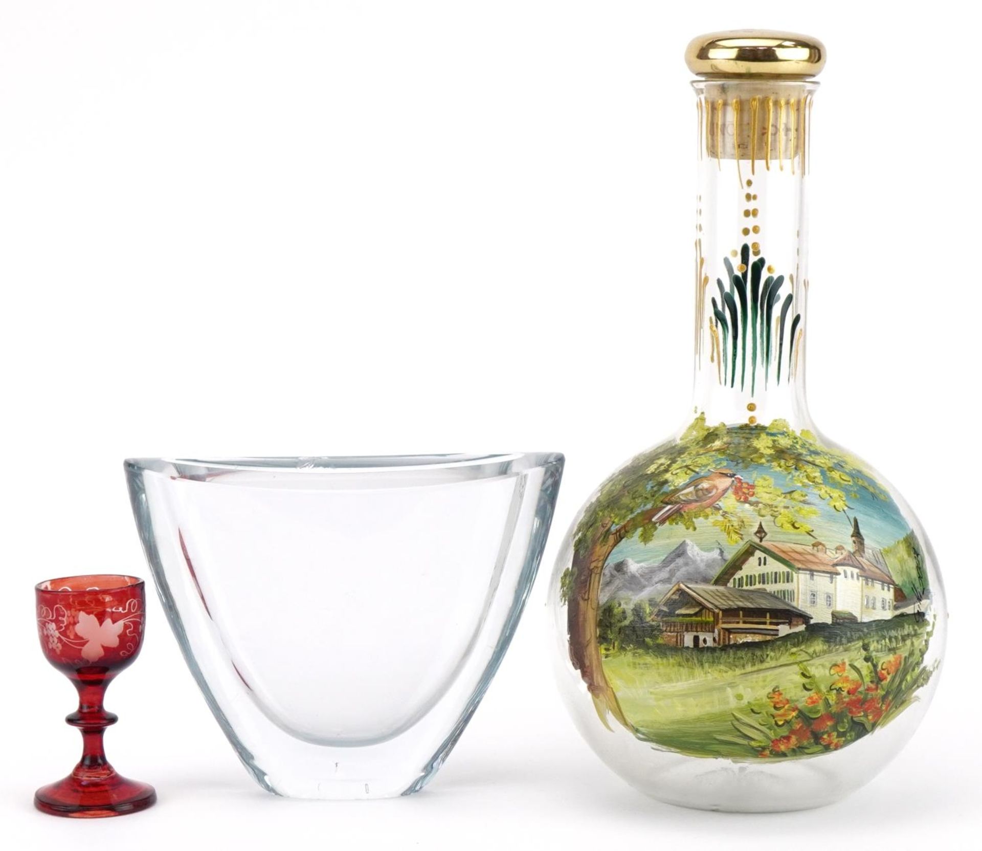 Antique and later glassware including a decanter hand painted with a continental building,