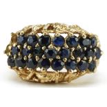 9ct gold sapphire three row cluster ring with naturalistic setting, size L, 7.4g : For further