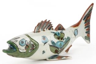 Mid century Mexican pottery sculpture of a stylised fish hand painted with flowers, 40cm in length :