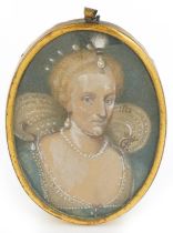 Antique oval hand painted portrait miniature onto card of a female wearing Elizabethan dress, housed