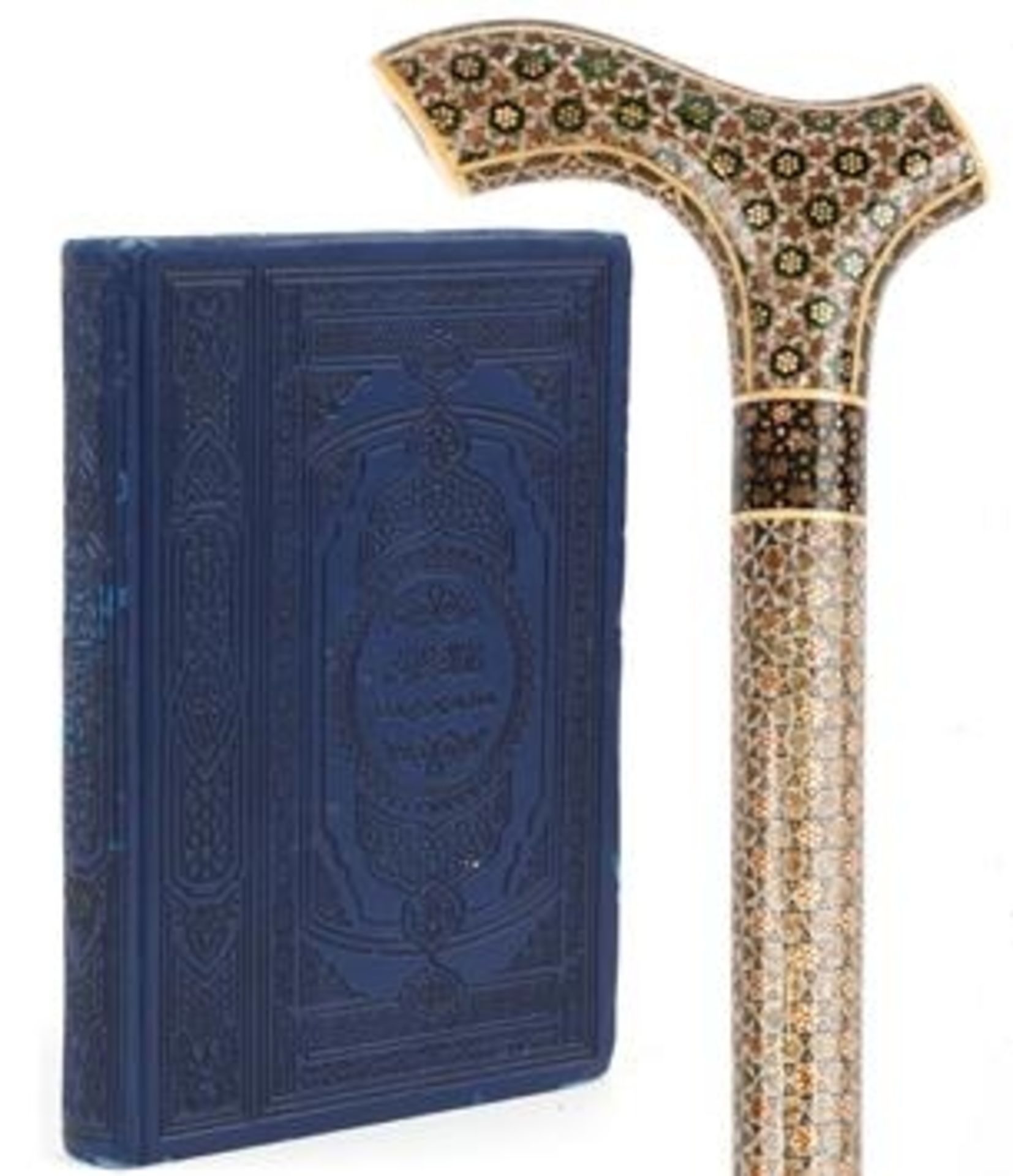 Vizagapatam style Islamic micro mosaic inlaid walking stick and a leather bound Quran, 95.5cm in
