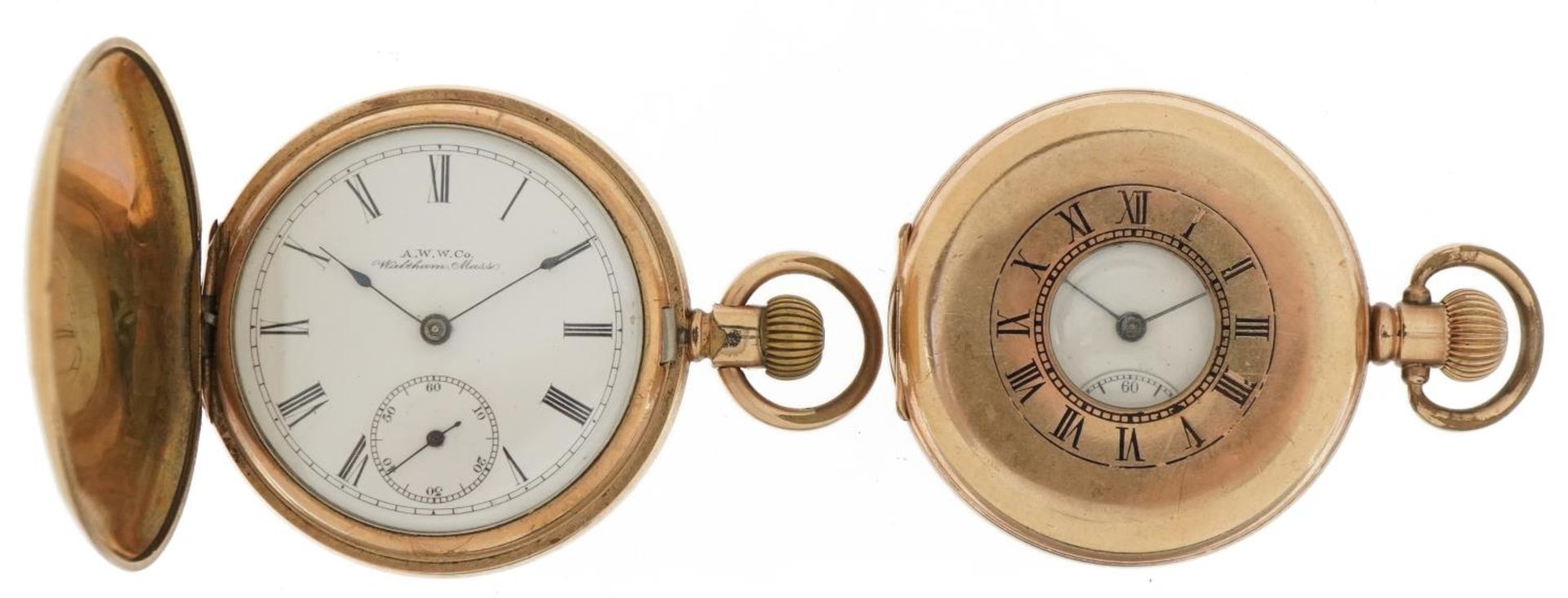 Waltham, two gentlemen's gold plated half hunter and full hunter pocket watches, each with enamelled