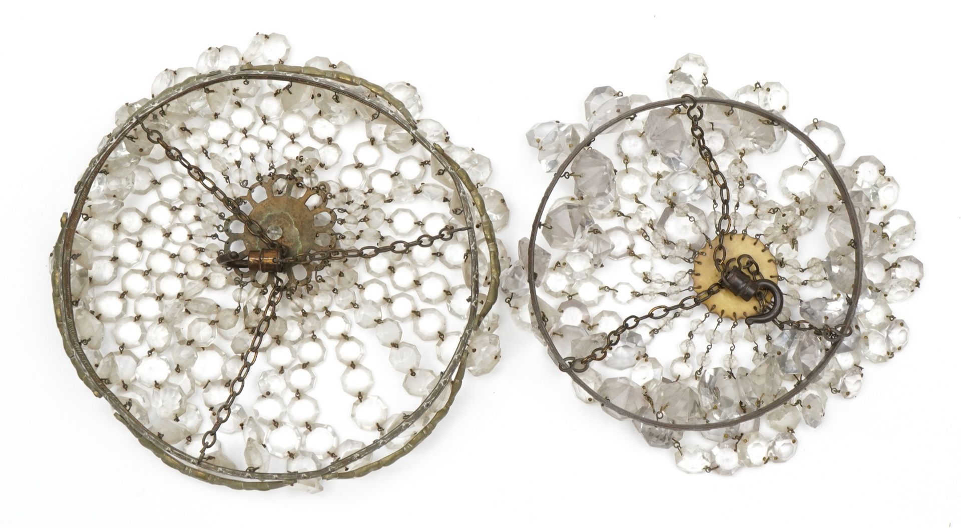 Two brass bag chandeliers with cut glass drops, the largest 26cm in diameter : For further - Image 6 of 6