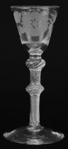 18th century Jacobite double knop wine glass with air twist stem and rose engraved bowl, 15.5cm high