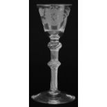 18th century Jacobite double knop wine glass with air twist stem and rose engraved bowl, 15.5cm high