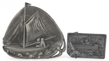Two Art Nouveau pewter dishes cast with boats including a WMF example numbered 264, 20cm wide :