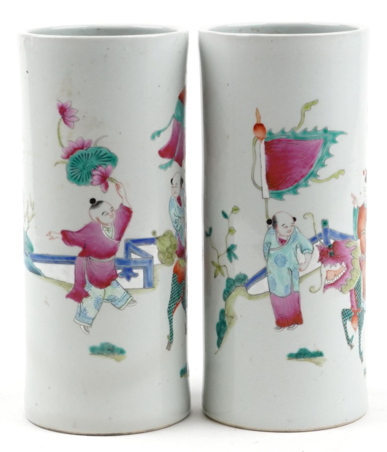 Pair of Chinese porcelain cylindrical vases hand painted in the famille rose palette with a family - Image 4 of 6