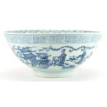 Chinese blue and white porcelain bowl hand painted with figures in a palace setting, 27cm in