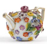 Meissen, 19th century German porcelain floral encrusted miniature teapot, 9.5cm in length : For