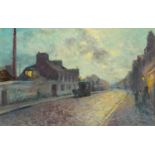 Manner of Philip Naviasky - Street scene at dusk, Post-war British oil on board, mounted and framed,