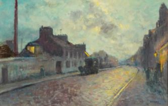 Manner of Philip Naviasky - Street scene at dusk, Post-war British oil on board, mounted and framed,