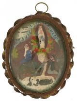 19th century French religious interest diorama locket with convex glass, hand painted and
