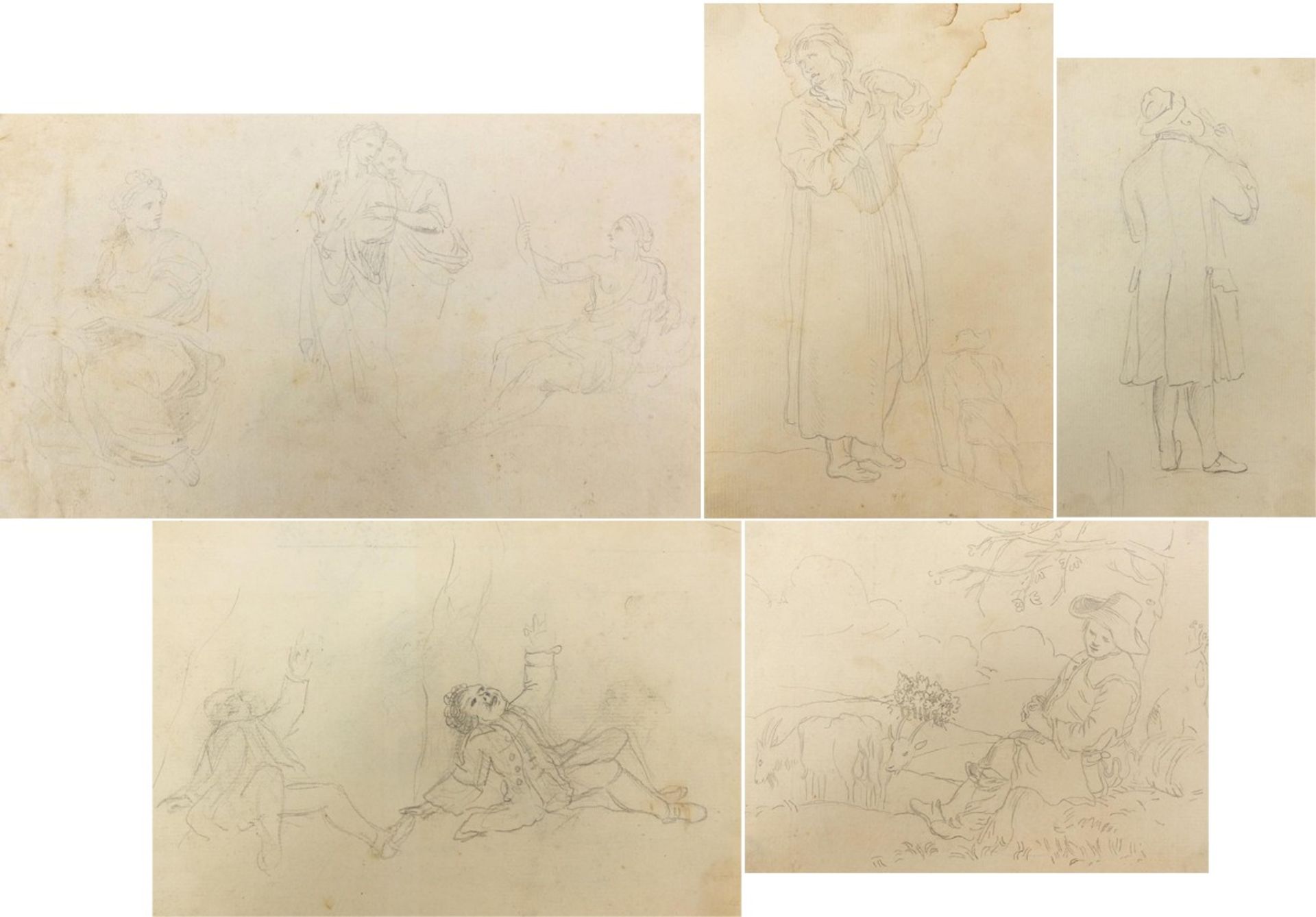 School of George Hayter - Classical figures, children and gentlemen wearing uniform, five pencil