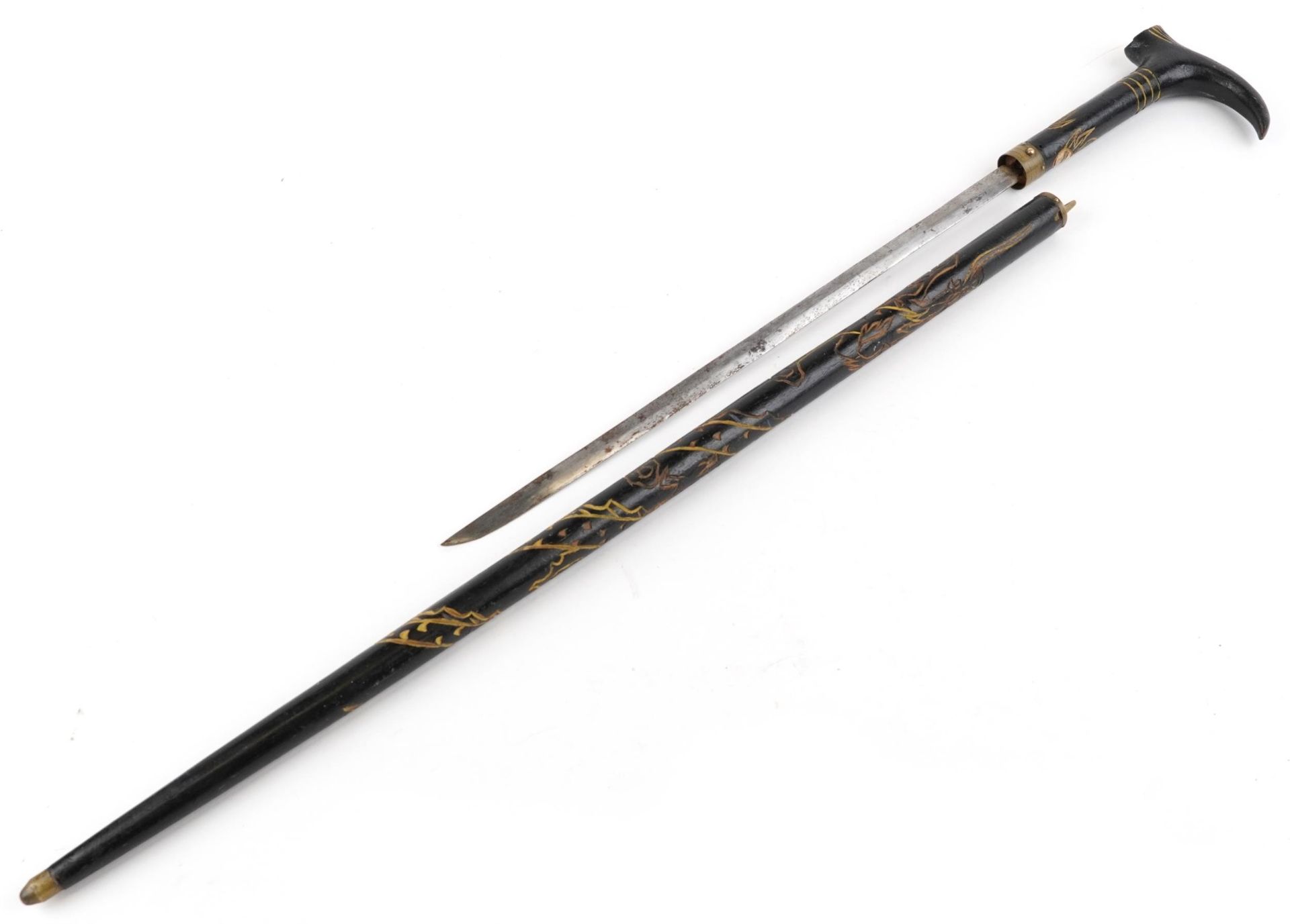 Chinese ebonised walking swordstick carved with a dragon chasing the flaming pearl, 96cm in length : - Bild 2 aus 4