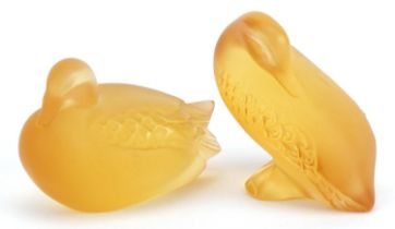 Lalique, two French frosted amber glass duck paperweights, each with paper labels and etched Lalique