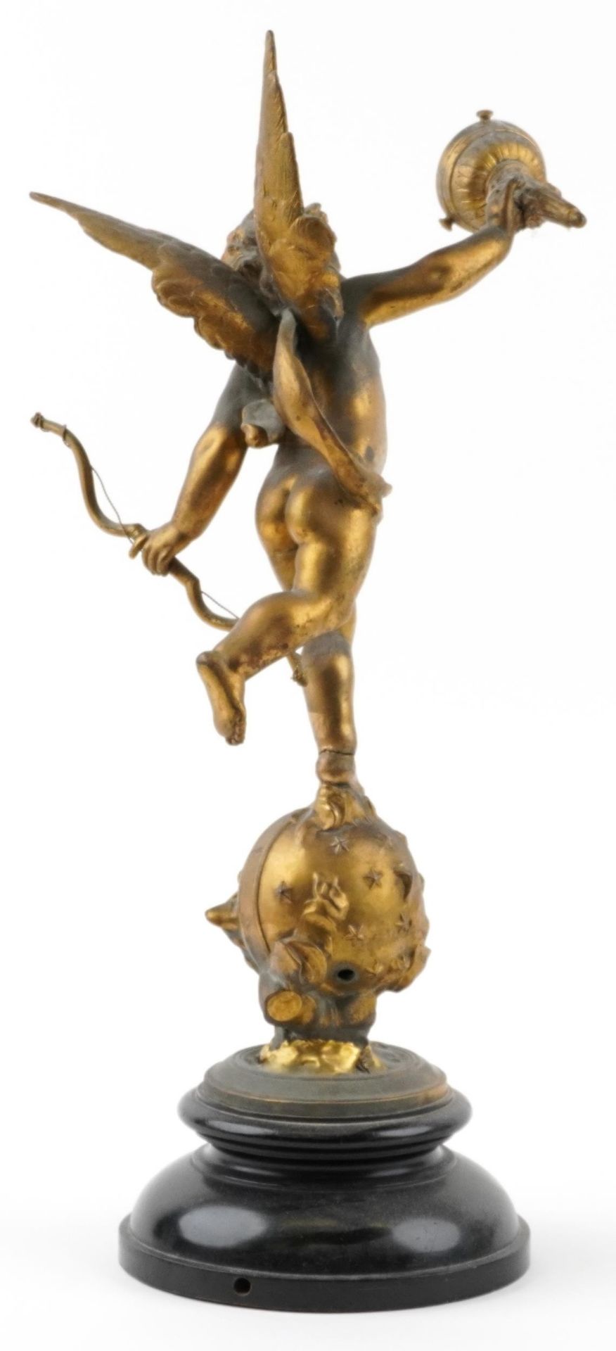 After Emile Bruchon, antique gilt spelter table lamp in the form of Putti on a globe entitled L' - Image 2 of 4