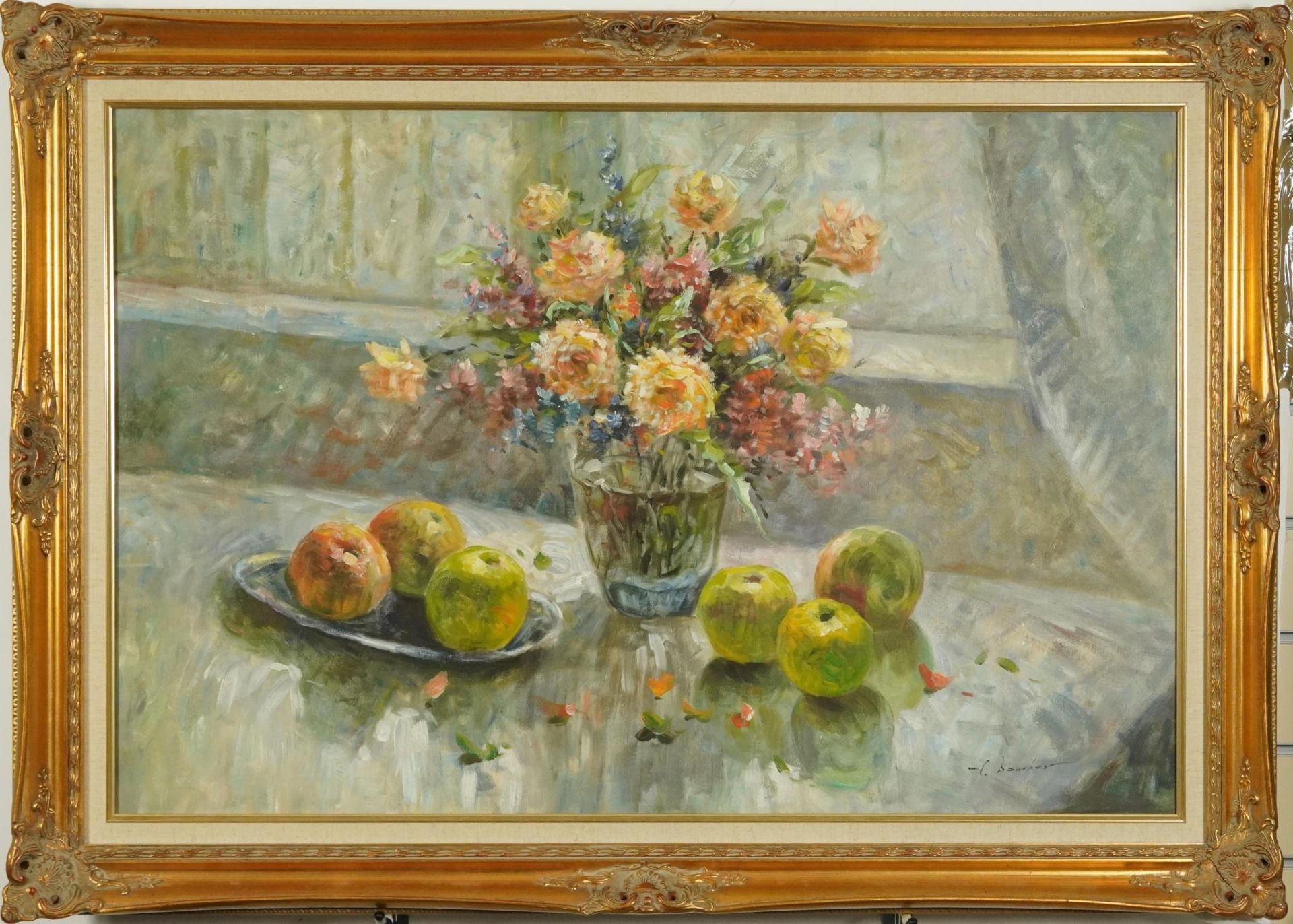 Still life fruit and flowers, Impressionist oil on canvas, mounted and framed, 90cm x 60cm excluding - Image 2 of 4