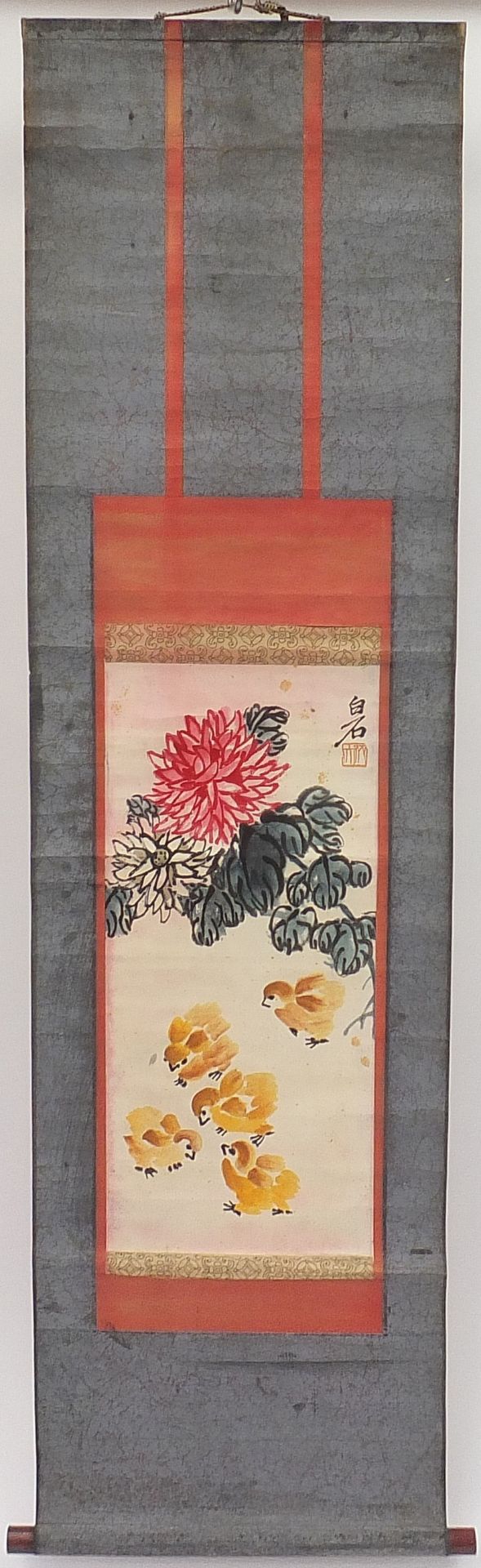 Attributed to Qi Baishi - Chrysanthemums and chicks, Chinese ink and watercolour walll hanging - Image 3 of 5